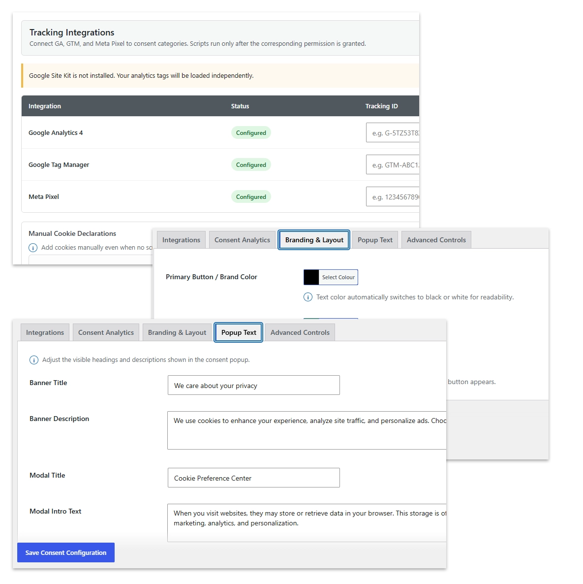 Screens howing BBI cookie privacy control options for analytics