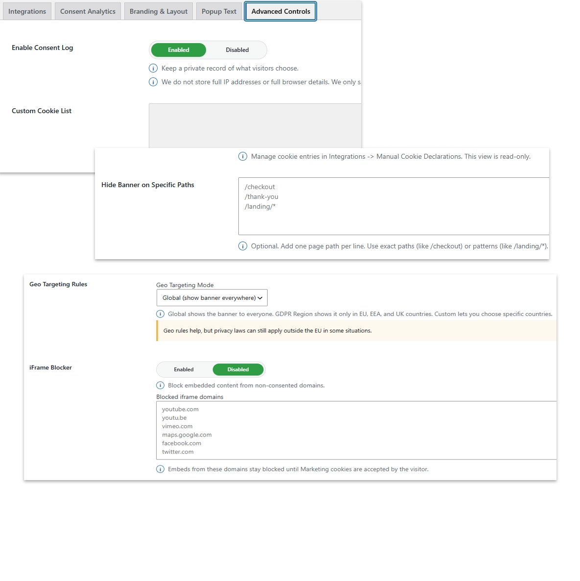 Screens showing advanced controls for bbi cookie privacy control plugin for WordPress